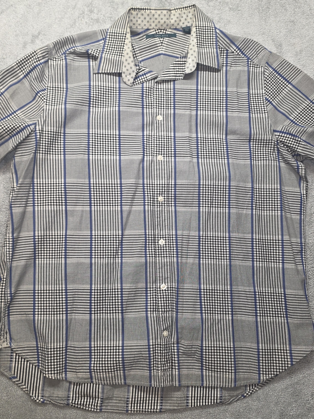 Perry Ellis XLT Blue, Black and White Windowpane Plaid Dress Shirt